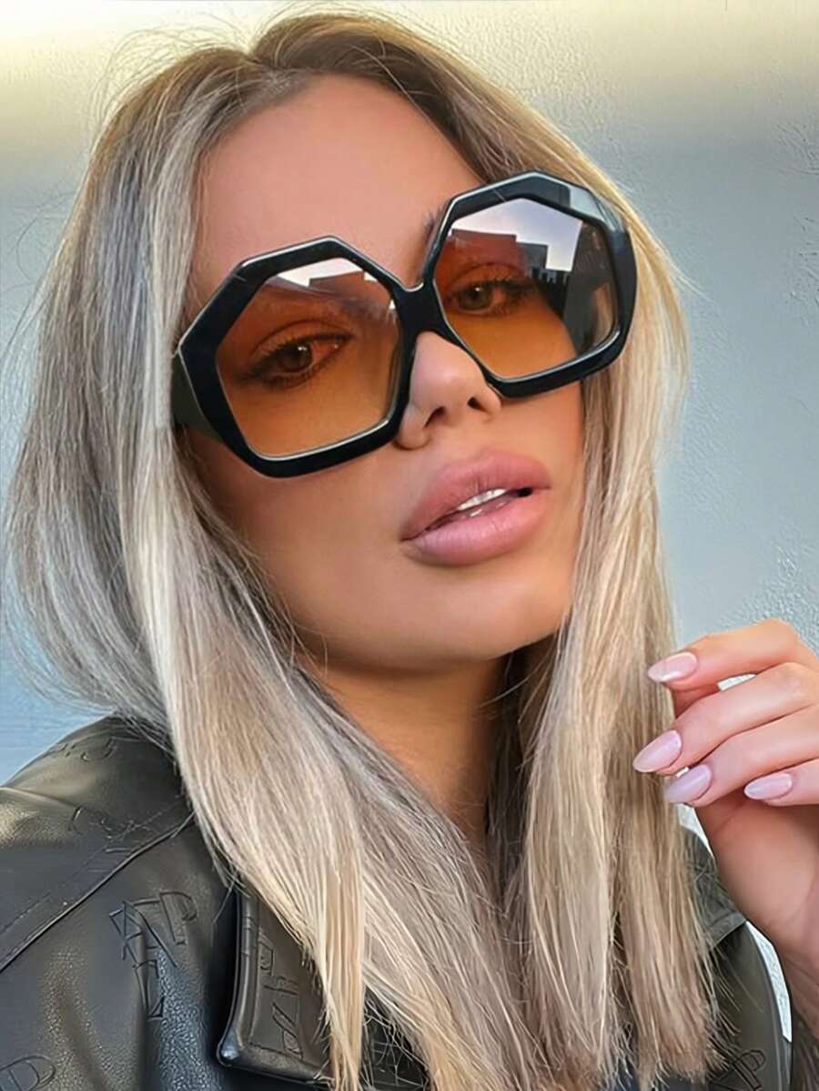 1pc Oversized Polygonal Fashion Glasses With Letter Accessories, Retro Personalized And Versatile Men's And Women's Fashion Glasses Suitable For Daily Wear, Street Photography, Vacation Travel, Summer Beach Accessories