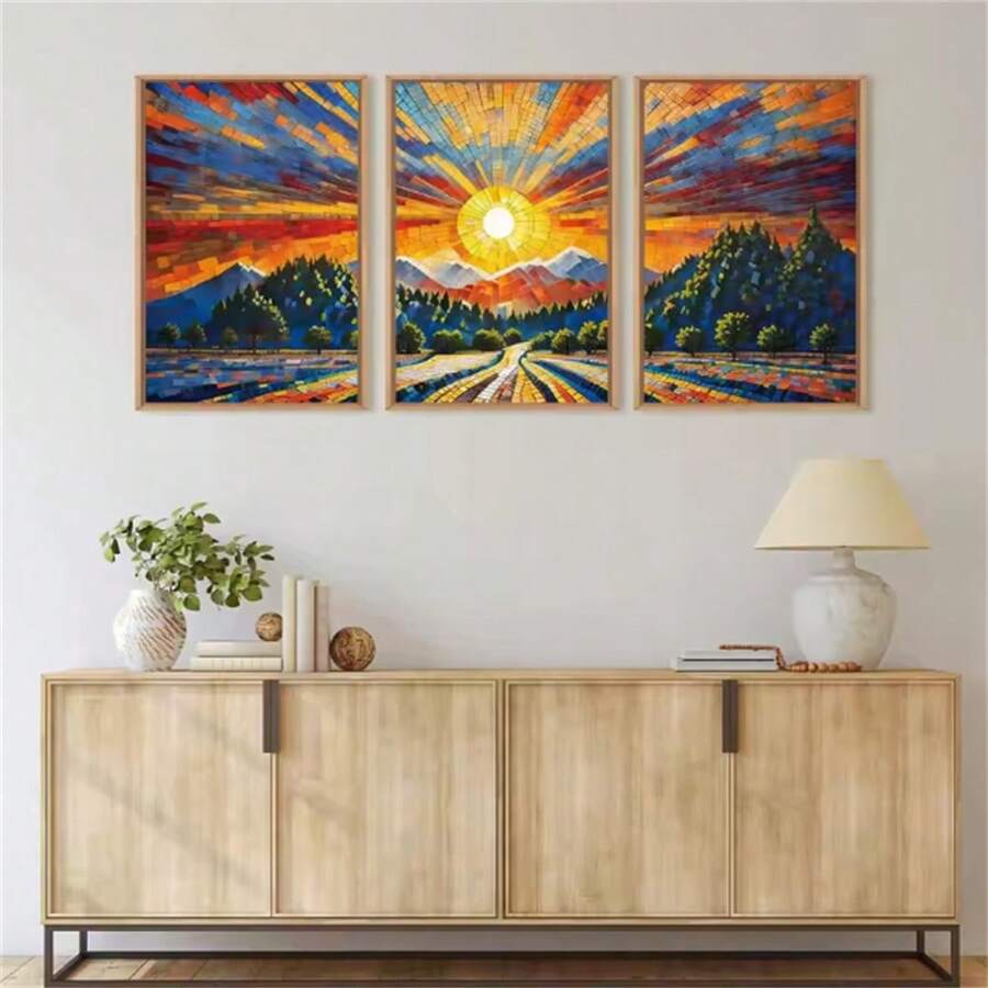 3 piezas de carteles con impresión de paisaje natural abstracto, montaña, sol y bosque, sin marco, en estilo bohemio, para decorar la pared de la sala de estar, dormitorio, comedor, estudio o cafetería