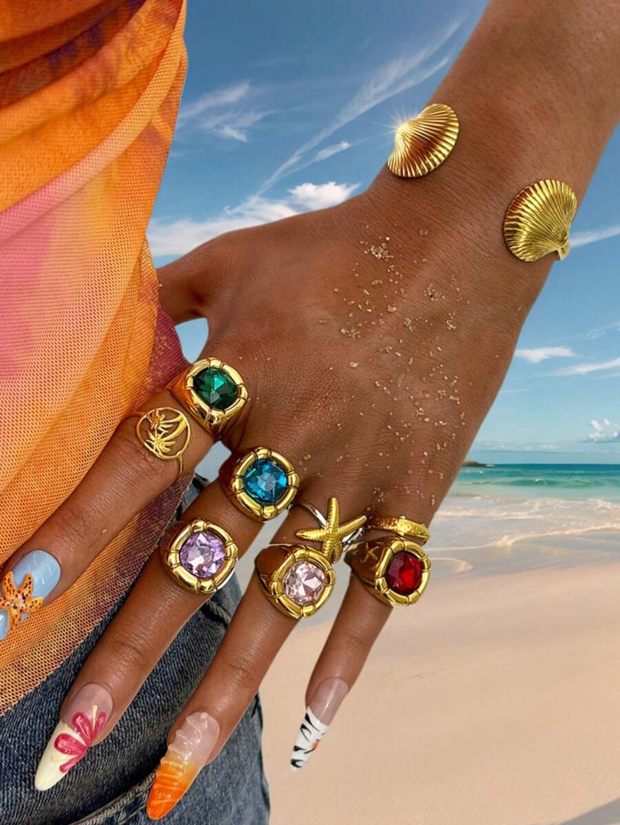 Frminee 1 pieza Conjunto de anillos vintage de piedras preciosas con acabado de oro de 18k y acero inoxidable grueso para mujer, anillo apilable de declaración de moda, anillo nudillo hecho a mano con piedras preciosas gótico retro, regalo de joyería para el Día de San Valentín, regalo de joyería navideña, anillo de circonita cúbica