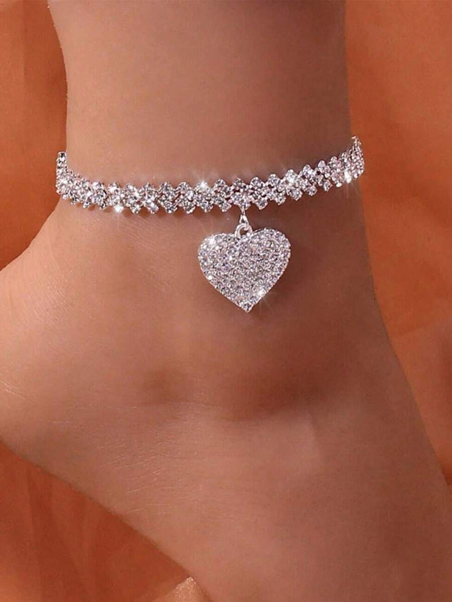1PC Women's Simple And Premium Copper Inlaid Rhinestones Love Foot Chain Bracelet Accessories Wedding Party Fashion Jewelry