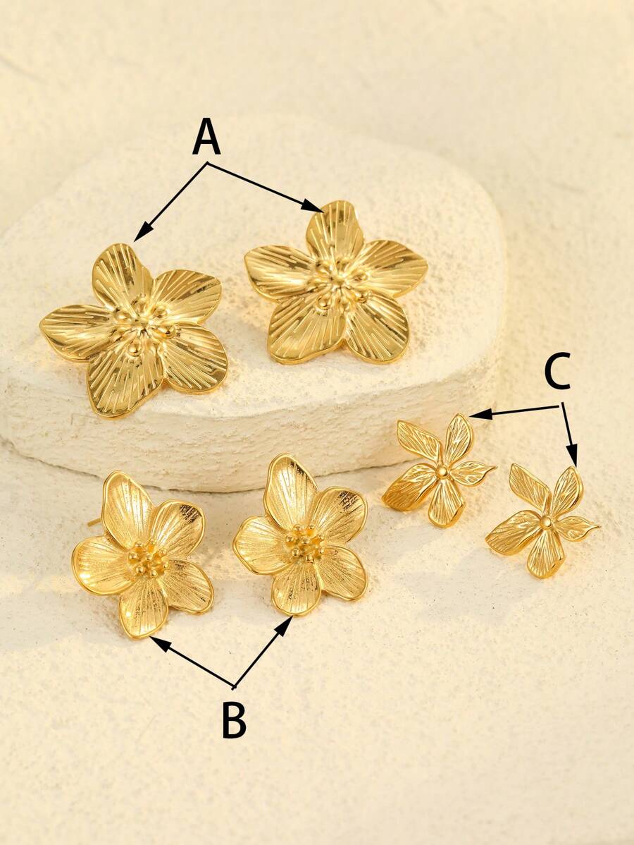 2/6pcs Stainless Steel Golden Elegant Flower Stud Earrings Set, Suitable For Women's Daily Wear Or Gift