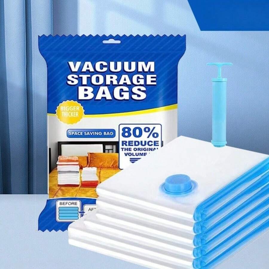 6pcs/8pcs Thick Clear Blue Edged Vacuum Compression Storage Bags For Quilt, Clothes, Travel