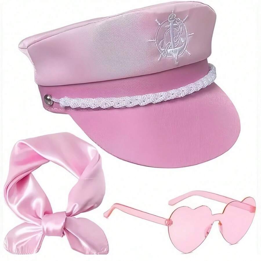 3er Set Yacht Urlaubs-Thema: Rosa Matrosenmütze mit Schal; Süße Herzbrille; Modische Marine Kappe Basis Set, Urlaubsspaß Cosplay Party Requisiten & Accessoires für Frauen Halloween
