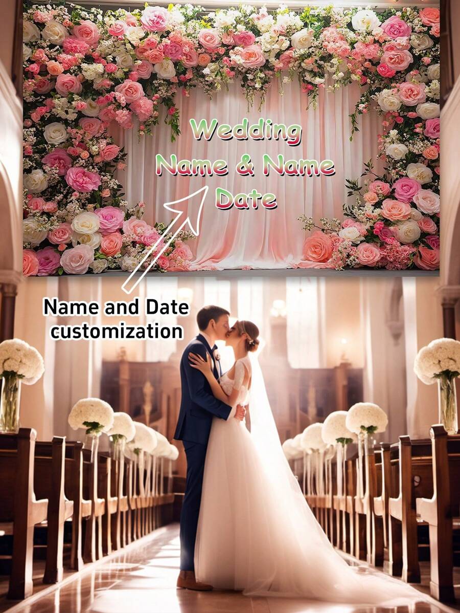 1pc Customized Wedding Arch Backdrop With Floral Decoration, Personalized With Name And Date