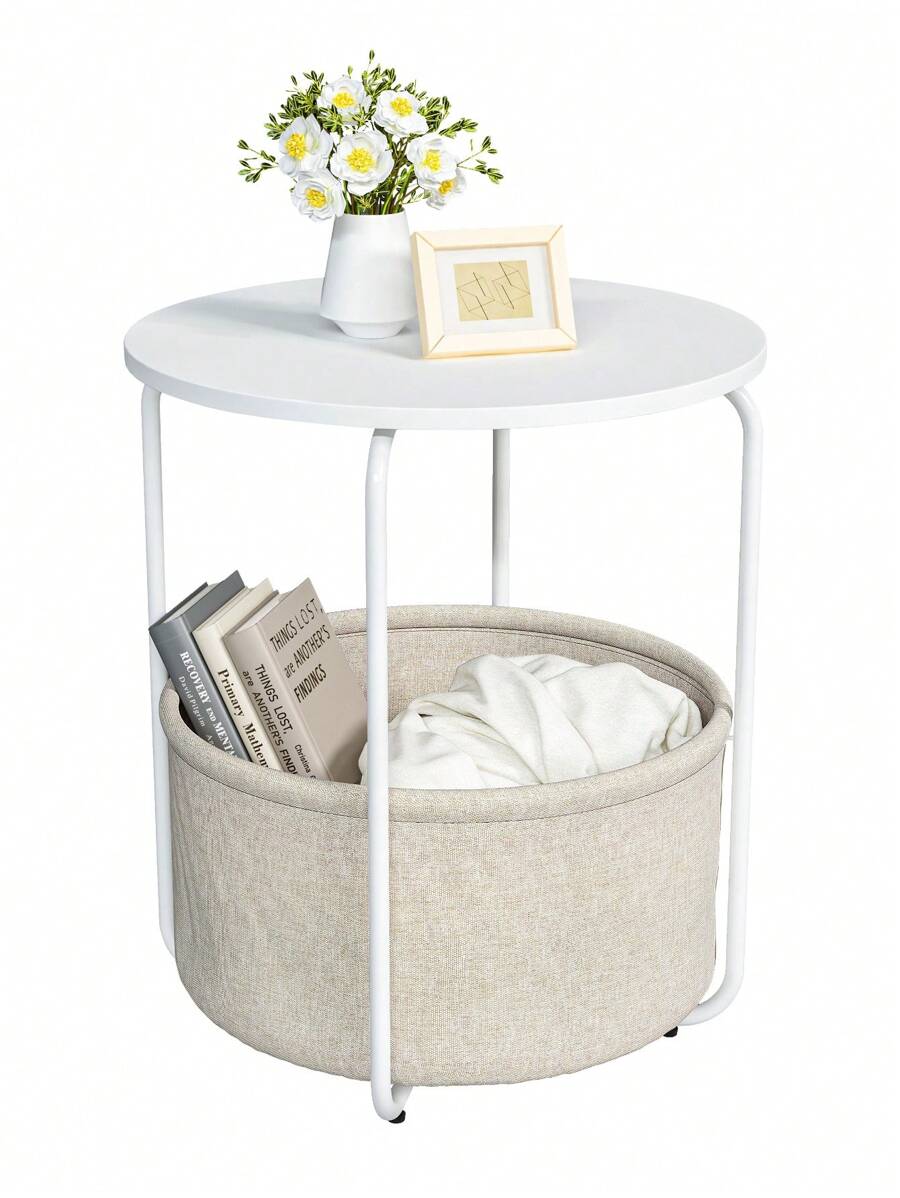 Small Bedside Table With Fabric Basket, Modern Nightstand, Round Side Table, For Living Room, Bedroom