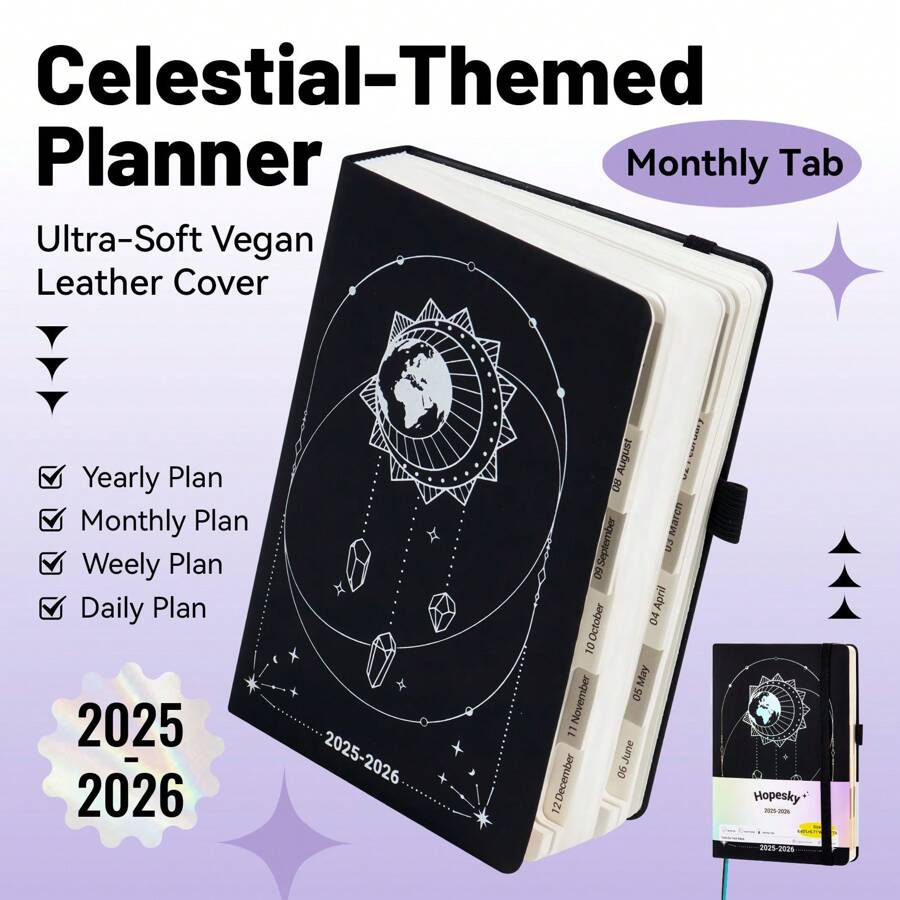 1pc 2025-2026 Planner Notebook, 204 Sheets / 408 Pages Monthly&Weekly Schedules A5 Leather Cover Diary Journal 80GSM Agenda School&Office Supplies Stationery Back To School