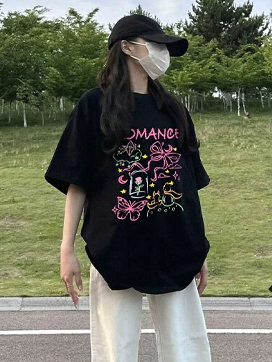 Women's Spring And Summer Cotton Round Neck Simple English Cartoon Scooter Double-Sided Print Pattern Short Sleeve T-Shirt Loose Loose