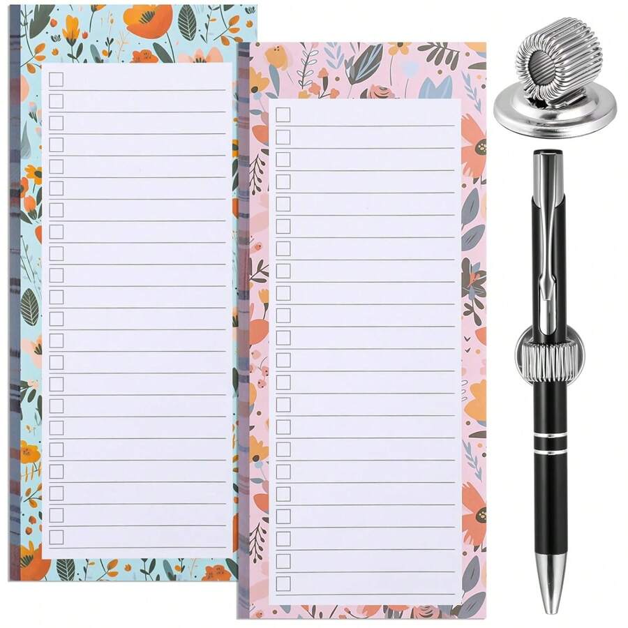 2pcs Magnetic Shopping List Pad And 1pc Magnetic Pen Holder With 100 Tear-Off Sheets, Magnetic Grocery List Memo Pad For Refrigerator With Magnetic Pen Clip