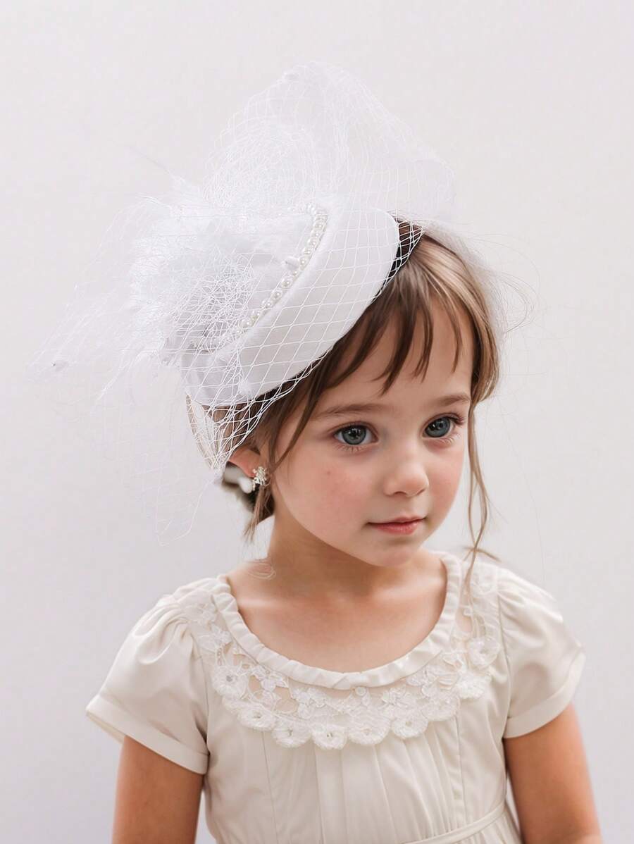 1pc Kids' Tulle Pearl Flower Fascinator Hat, Suitable For Girls' Daily Outfit, Photo Shoot
