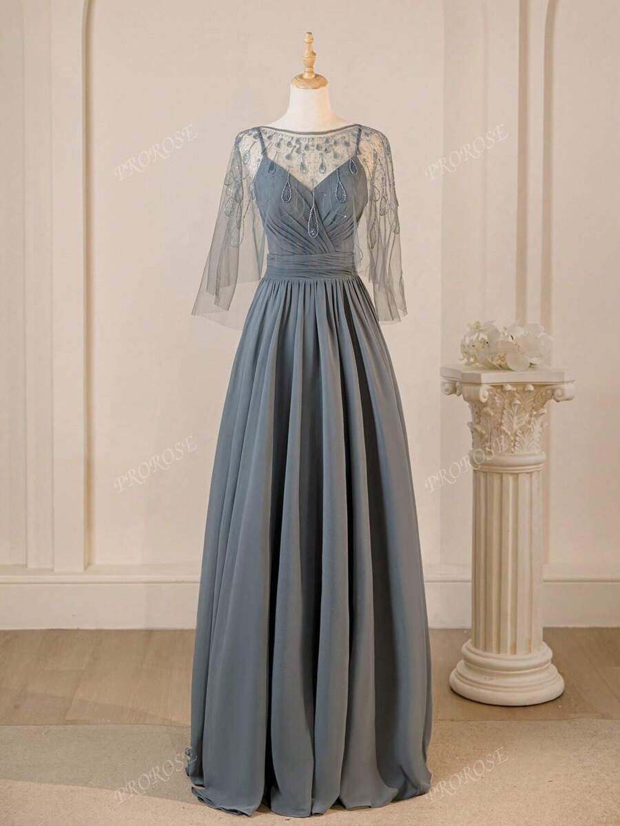 Elegante e glamour abito da sera grigio in chiffon con colletto drappeggiato senza maniche, vestito da cerimonia per la madre della sposa con scialle incluso, adatto per feste, ricevimenti, matrimoni e occasioni formali