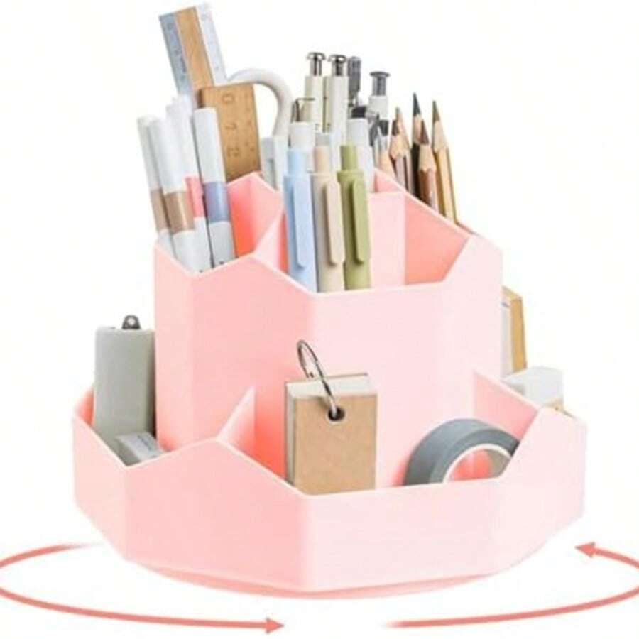 1pc Desktop Storage Box Rotating Pen Holder - 360 Degree Multi-Function Pen Cup With 9 Compartments Suitable For Office, School, Home (Pink)