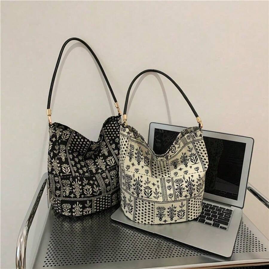 Retro New Chinese Style Large Capacity Tote Bag Printed Literary Single Shoulder Oblique Shoulder Side Flow Wrapped Hot Female Single Shoulder Fashion Canvas Bag Wrapped Hippie Oblique Shoulder Bag La Boheme Style Pattern Wandering Bag