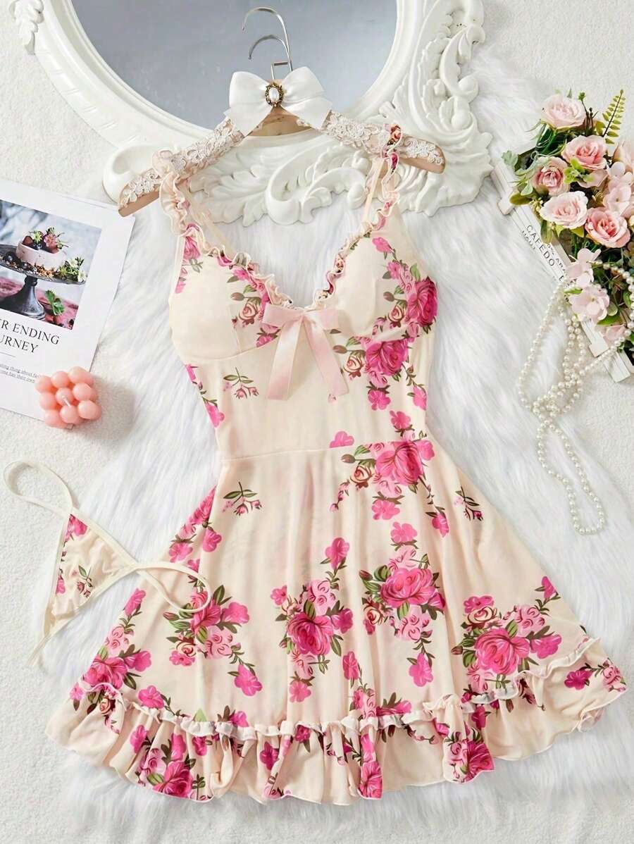 2 pièces Ensemble de lingerie et de vêtements de nuit sexy - Ensemble complet de deux pièces avec culotte assortie, ourlet délicatement voluptueux et bretelles réglables pour un ajustement parfait - Motif floral vibrant, robe de nuit sensuelle pour femmes