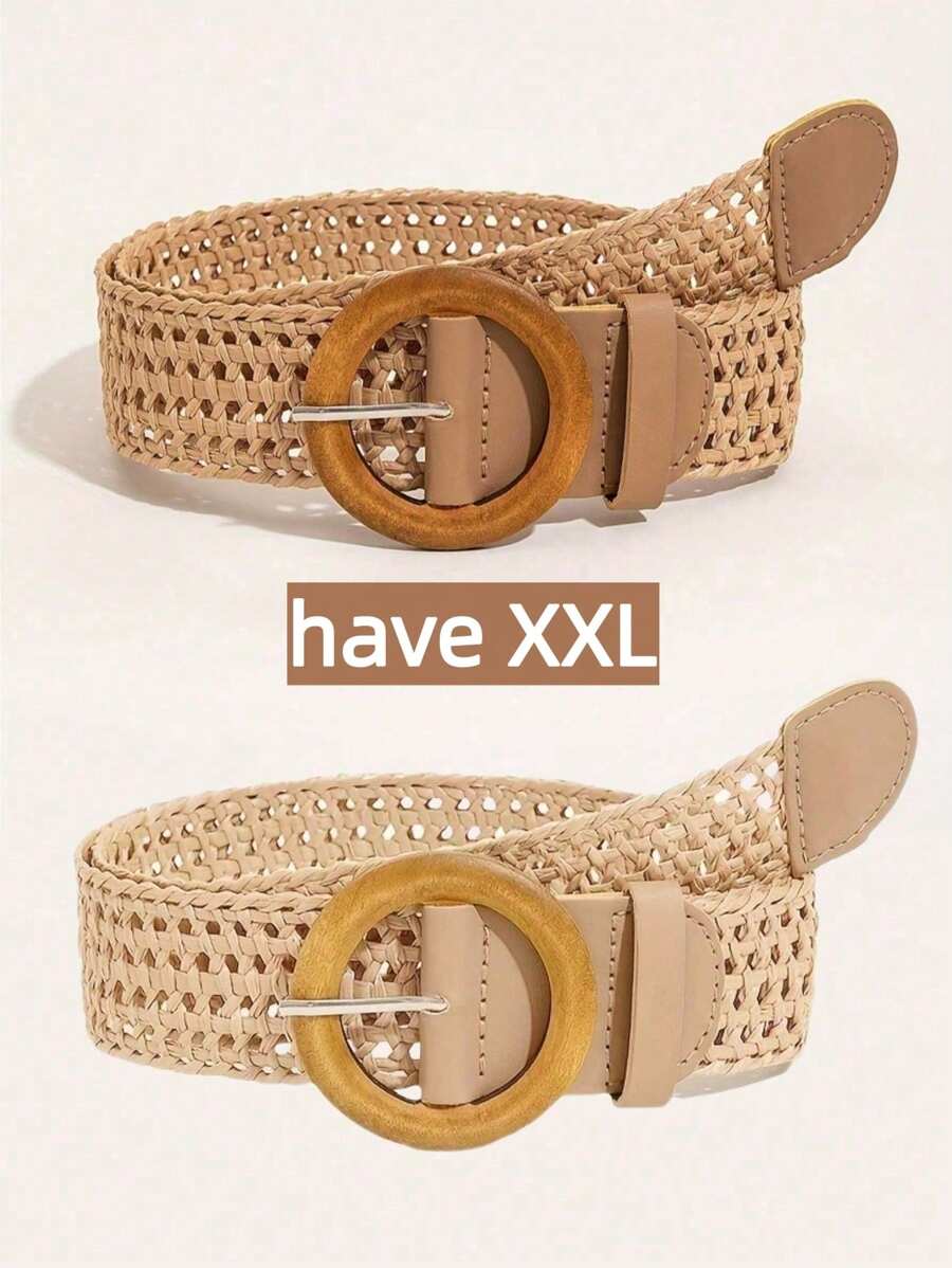 1pc/2pcs Plus Size Bohemian Round Wooden Buckle Hollow Out Straw Waist Belt, Suitable For Dresses, Beach Vacation, Party