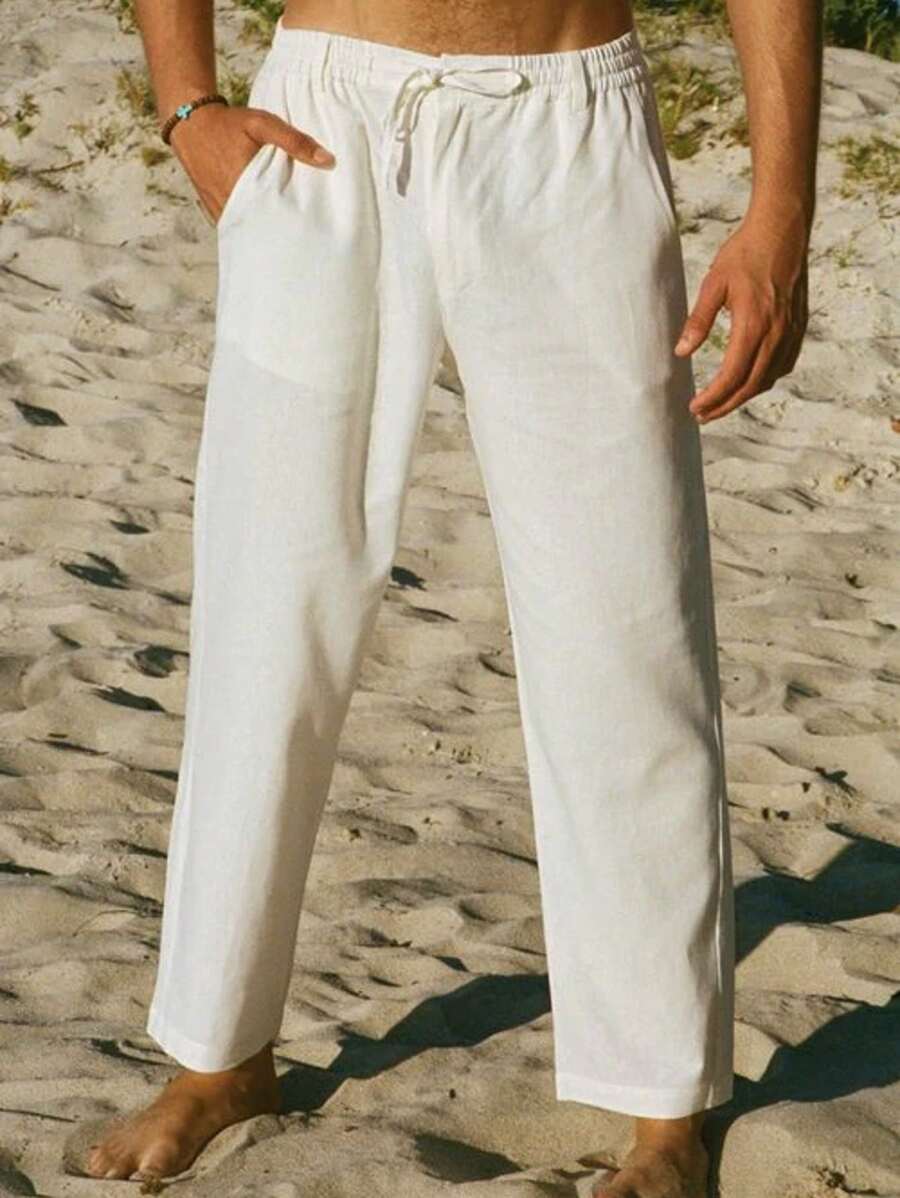 Men's Solid Color Linen Tie Casual Straight Trousers With Pockets