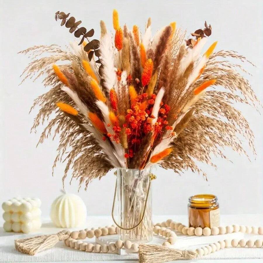 57pcs Boho Chic Artificial Pampas Grass Bouquet - Vibrant Spring Decor For Vases, Weddings, & Home - Includes Dried Flowers In White, Yellow, Orange & Brown - Perfect For Garden, Thanksgiving, Christmas, Easter, & More - No Battery Required, Flower Decorations