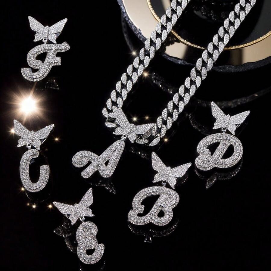 1pc Hiphop Style Curb Chain Necklace With 26pcs Butterfly & Alphabet Charm Pendant, Gift Box Packaging Suitable For Friends