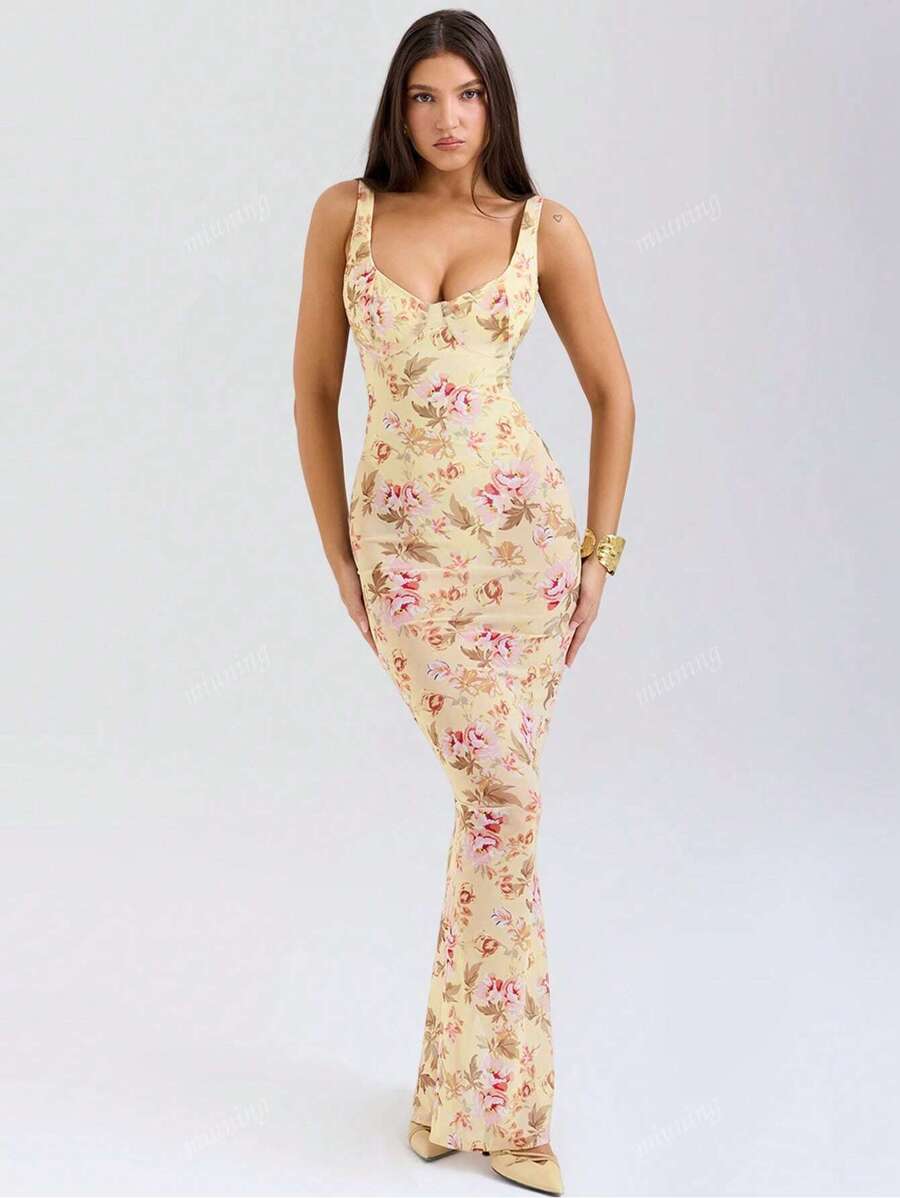 A Summer Bandage Dress,Sexy Low-Cut U-Neck, Floral Print,Fishtail Hem,Romantic Vacation,Party Dress TopS