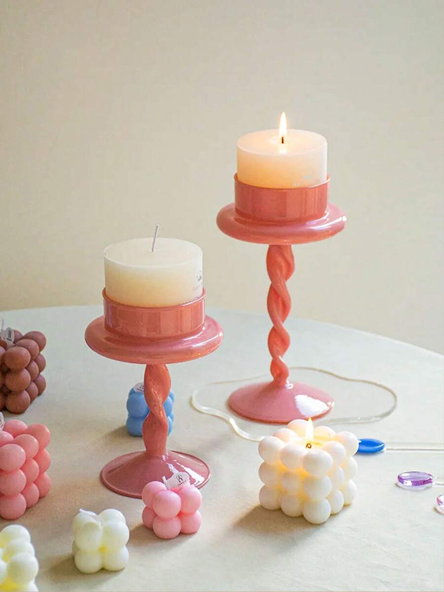 1/2pcs Pink Spiral Art Candle Holders - Handcrafted Bohemian Style Romantic Wedding Home Decor, Elegant Curvy Design With Sturdy Base, Creating Cozy Ambiance For Anniversary/Dinner Table Centerpiece