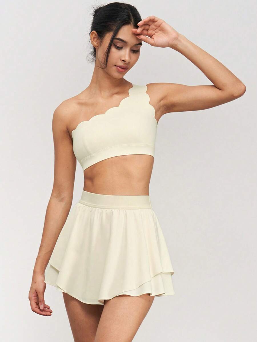 Top Cropped Esportivo com Recorte Ombro Único para Mulheres, Top Esportivo com Borda em Concha