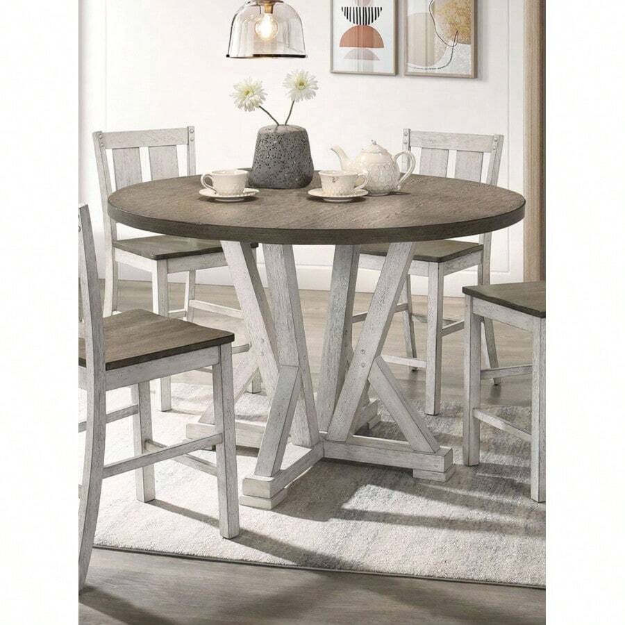 Mesa de comedor de altura de mostrador de 1 pieza estilo rústico en blanco antiguo, con diseño bicolor. Ideal para comedores, esta pieza de mobiliario combina Charm y funcionalidad para su hogar.