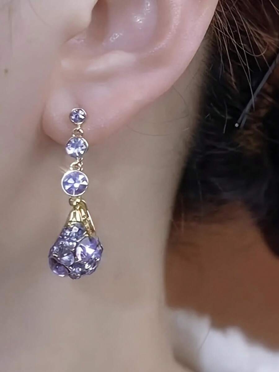 1 par de pendientes de gota con diseño tejido de cristal púrpura de lujo, pendientes elegantes de mujer con estética de alta gama