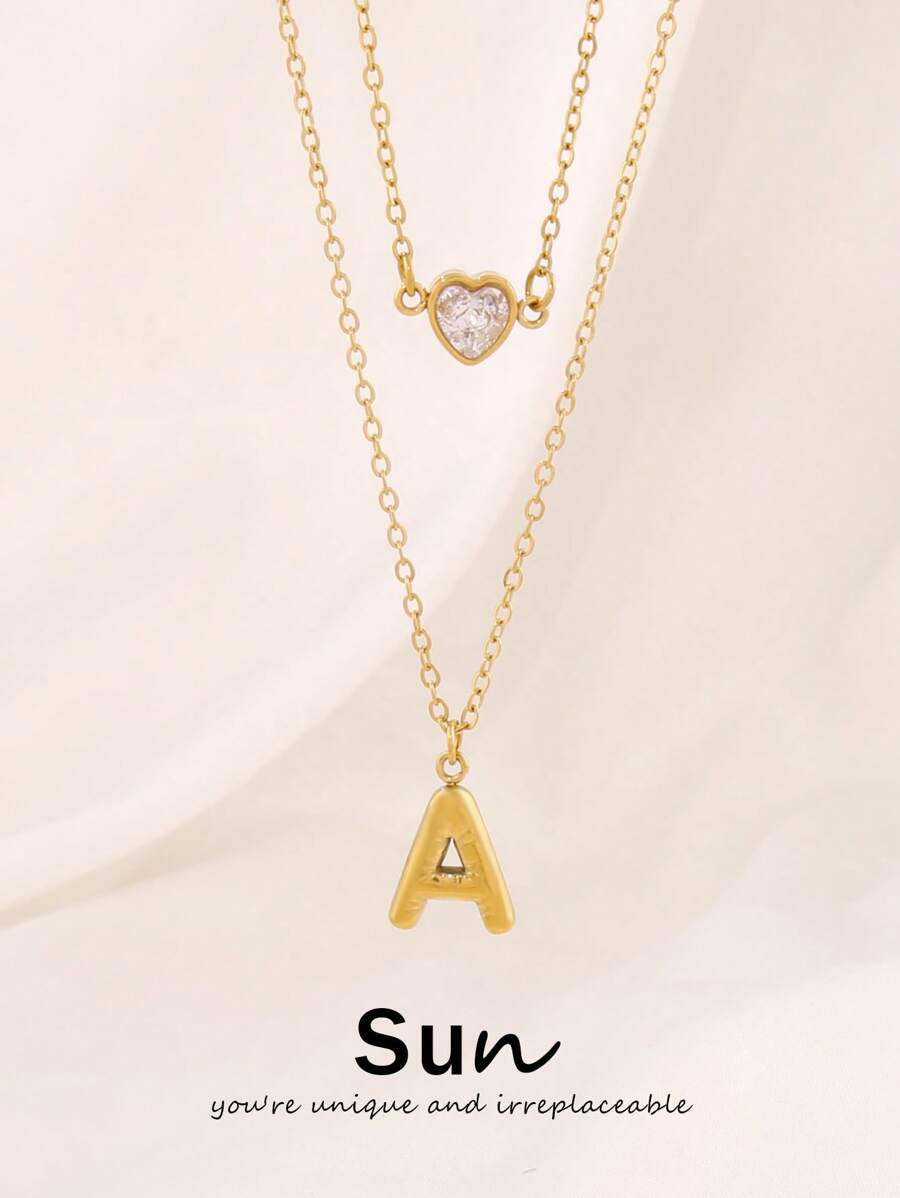1pc Stainless Steel A-Z Initial Letter Pendant Necklace For Women Fashion Heart Zirconia Charms Double Layers Chain Necklaces Jewelry