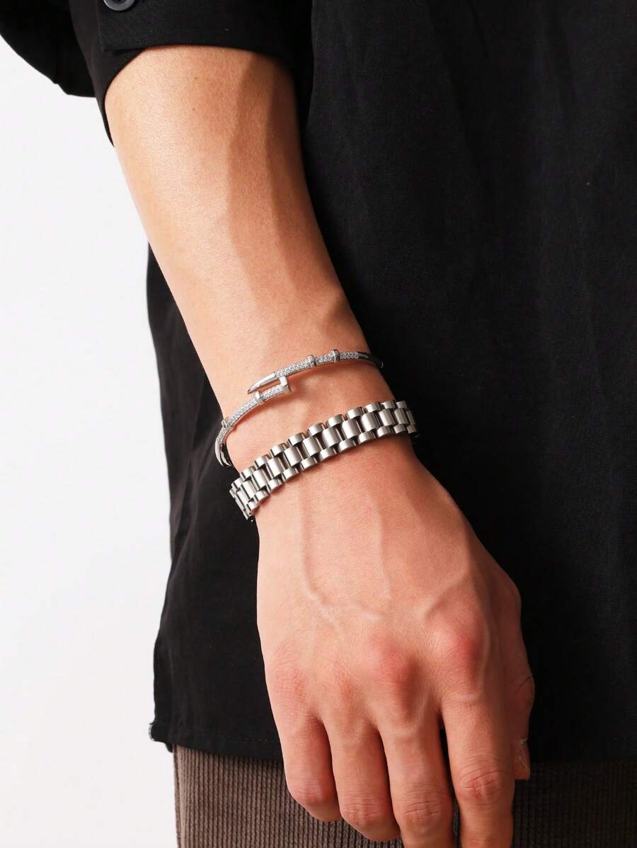 2pcs Fashionable Stainless Steel Rhinestone Punk Hip-Hop Bracelet Set For Men, Waterproof & Fade-Resistant, Suitable For Daily Wear
