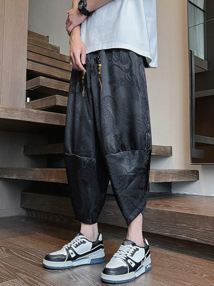 Men's Chinese Style Jacquard Weave Dragon Pattern Drawstring Harem Pants, Soft Breathable Casual Beach Pants, Suitable For Summer, Spring