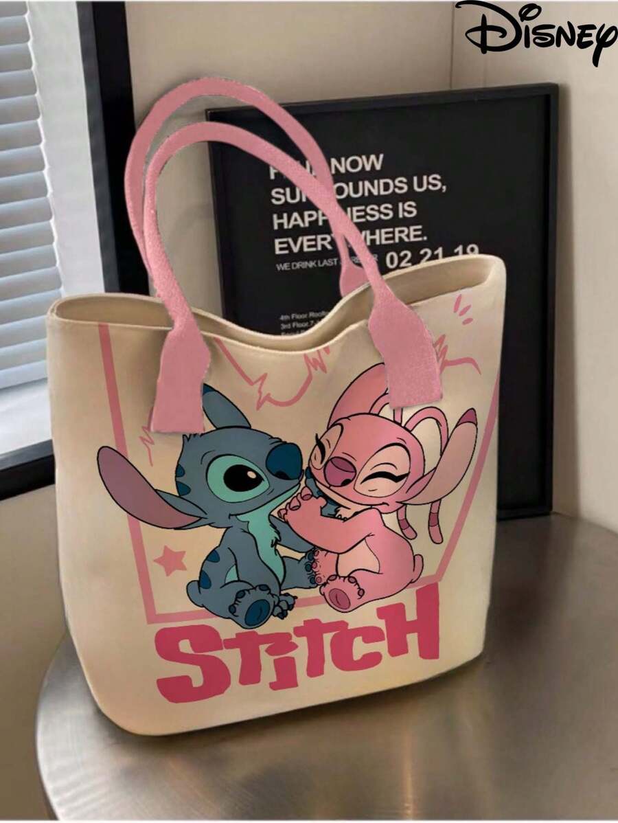Disney قطعة واحدة (مرخصة من ديزني) حقيبة قماشية بيج بتصميم كارتوني بسيط وأنيق تضم شخصيات ستيتش وميكي ماوس وأميرات ديزني وبلوتو، حقيبة يد محمولة للبنات