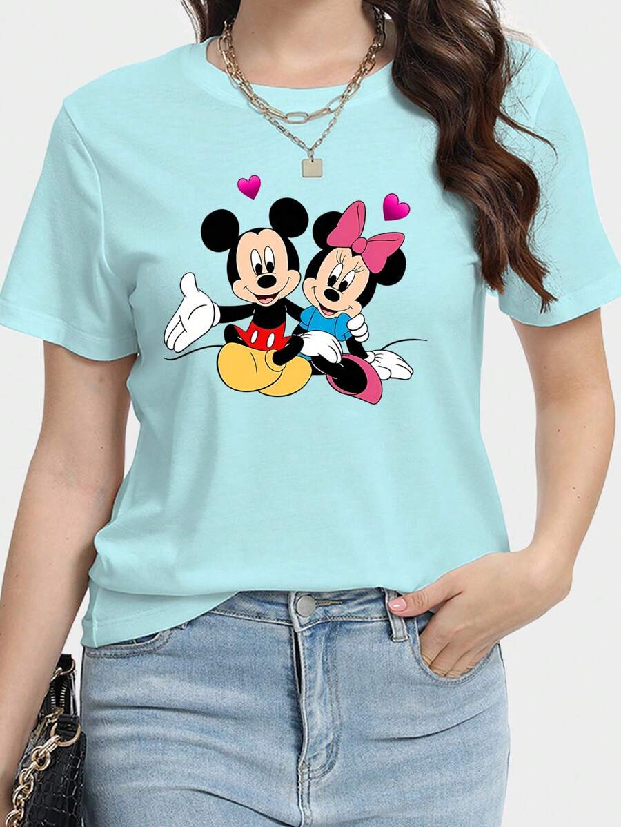 Disney Camiseta holgada de manga corta estilo casual y cómoda con estampado de la familia Mickey Mouse de estilo Disney para mujer