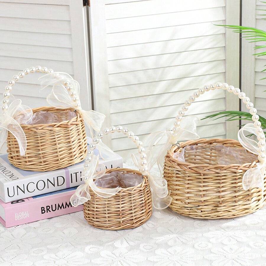 Panier de fleurs de mariage Demoiselle d'honneur avec poignée de perle Panier de fleurs en dentelle blanche Style vintage rustique Décoration de cérémonie de mariage Fête de la mariée