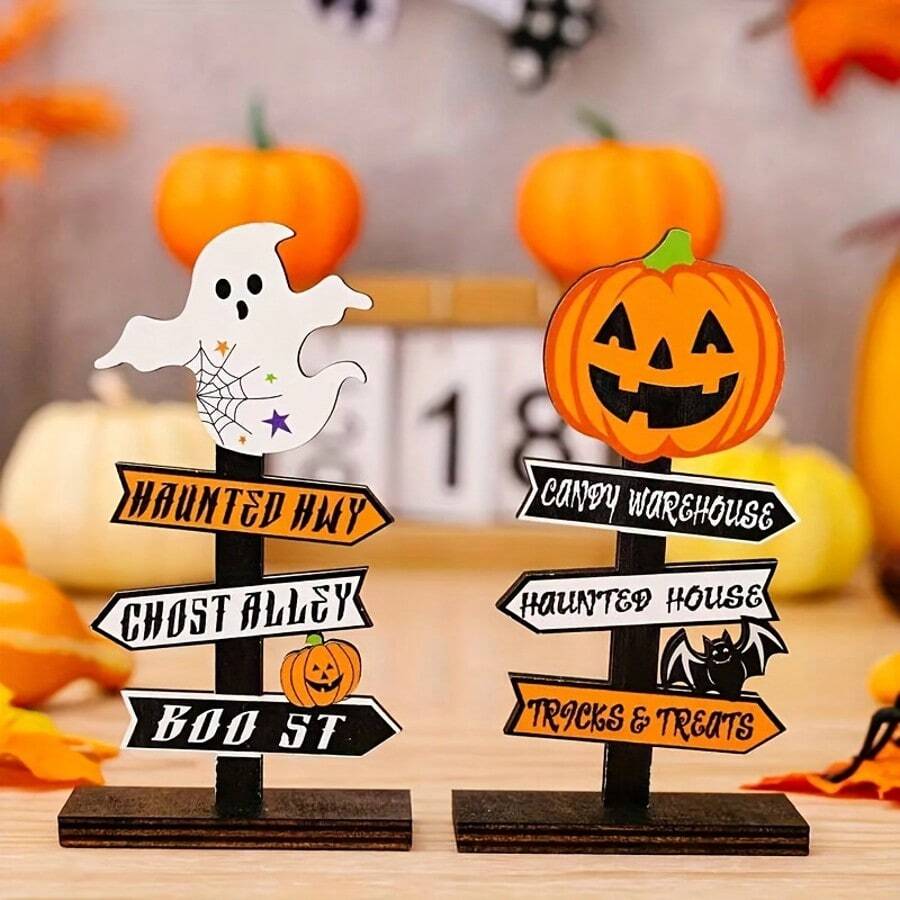 Modernes hölzernes Schreibtischschild für Halloween – hölzernes Kürbisdekor mit witzigem Spruch, geeignet als Dekoration für Zuhause und Partys, hölzernes Standrequisit, englischer Text, Mehrzweck-Feiertagsdekoration