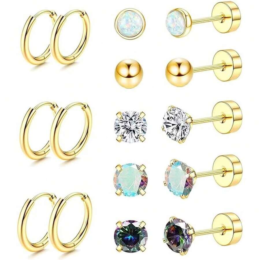 8 Pairs Of Medical Stainless Steel Earrings For Sensitive Ears, Small Opal Balls CZ Flat Back Stud Earrings, Hypoallergenic Hoop Earrings For Men And Women 20G Cartilage Earrings