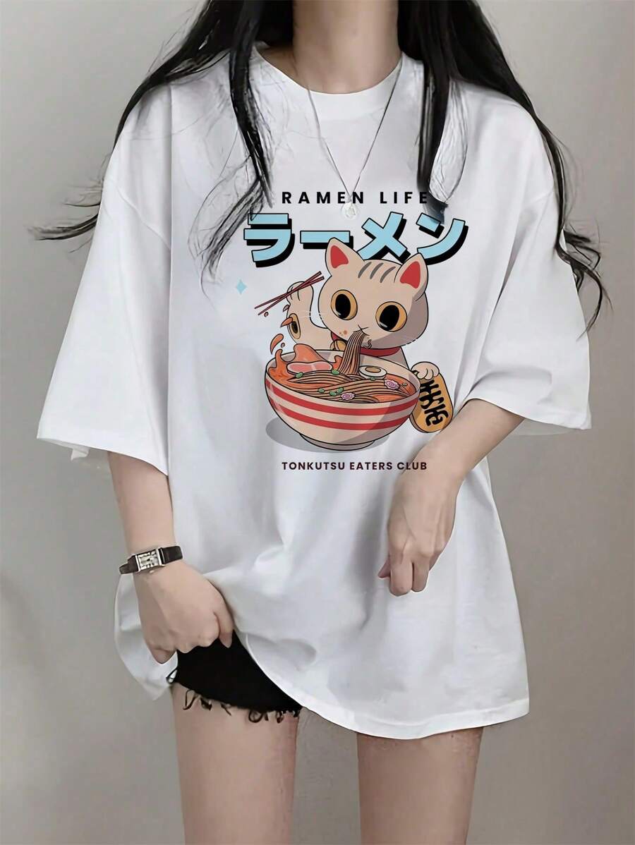Women's Loose Black Printed T-Shirt - Short Sleeves, Loose Fit, Machine Washable, Japanese Text, Panda Pattern Design