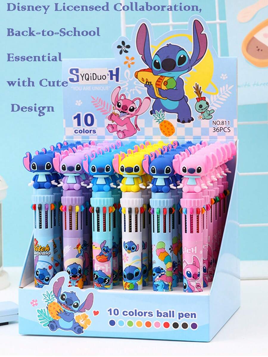 Disney 16pcs Disney Authorized Stitch Blue Cartoon Stylus & 10-Color Ballpoint Pen Set - Innovative Cute Design, Portable & High Aesthetic, Comfortable Press-Type Grip, 0.7mm Smooth Writing, 10 Colors For Creative Study & Journaling (DIY Stationery Gift) School Supplies, Back To School
