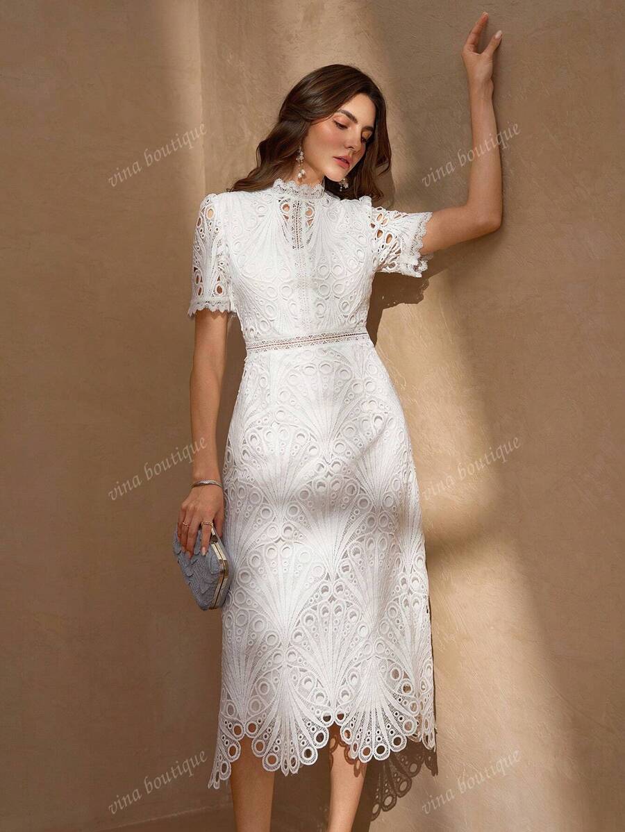 Elegant Back Zipper Round Neck Splicing Floral Lace Slim Fit Luxurious Midi Dress For Women