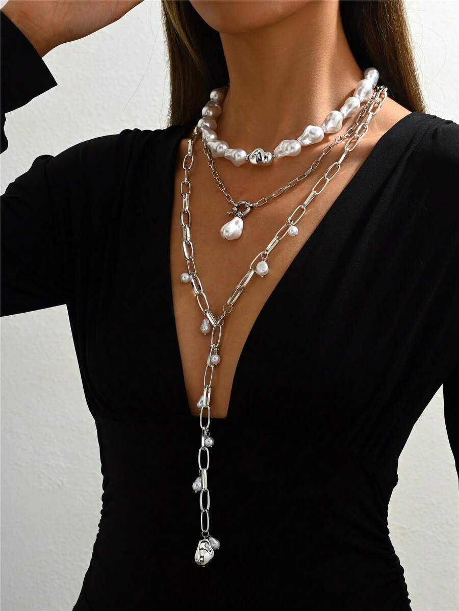 1-3pcs Bohemia Gold Layed Necklace, Pearl Exaggarate Long Necklace, Baroque Pearl Necklac, Vintage Necklace, Party,Daily, Vacation Necklace Set Woman Gift