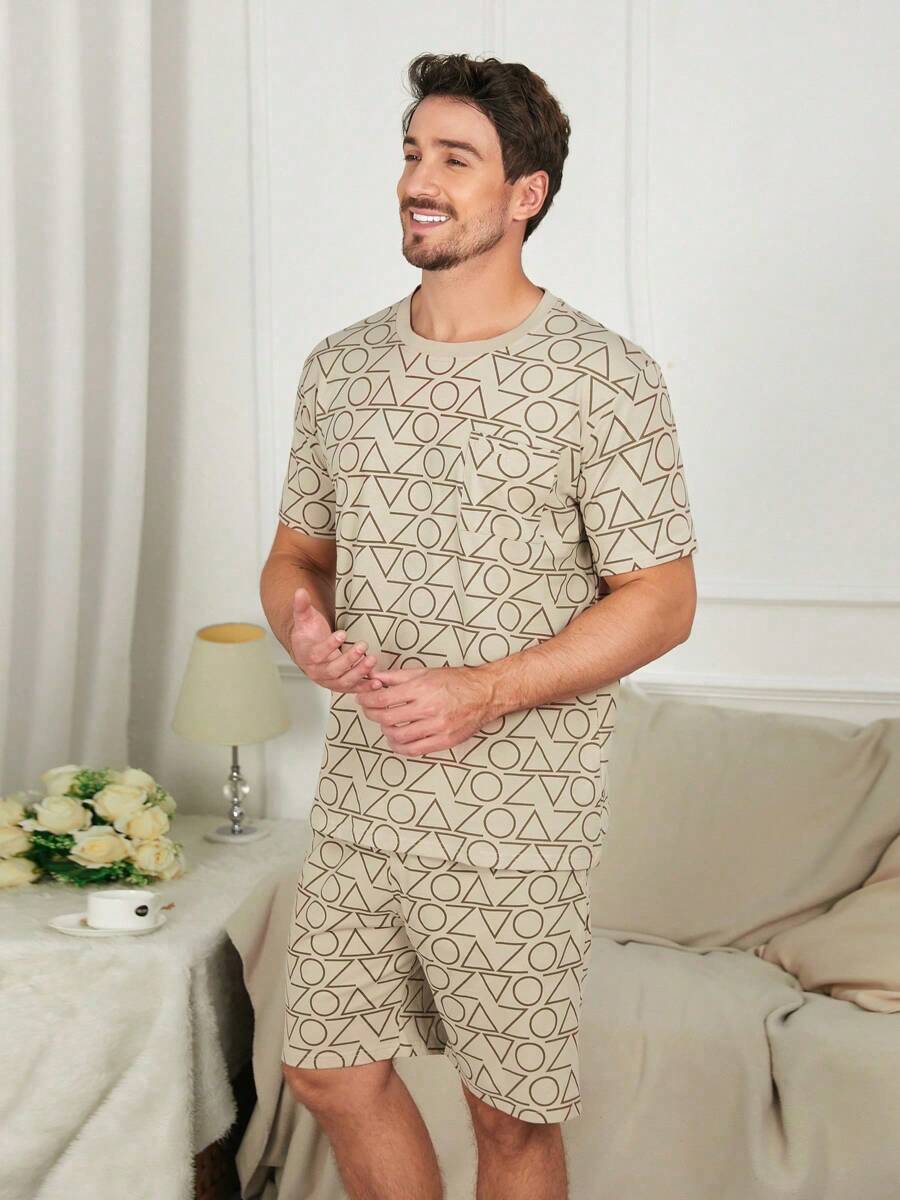 2pcs/Set Summer Men's Thin Geometry Print Round Neck Short Sleeve Shirt And Shorts Pajama Set, Casual Homewear With High-End Look