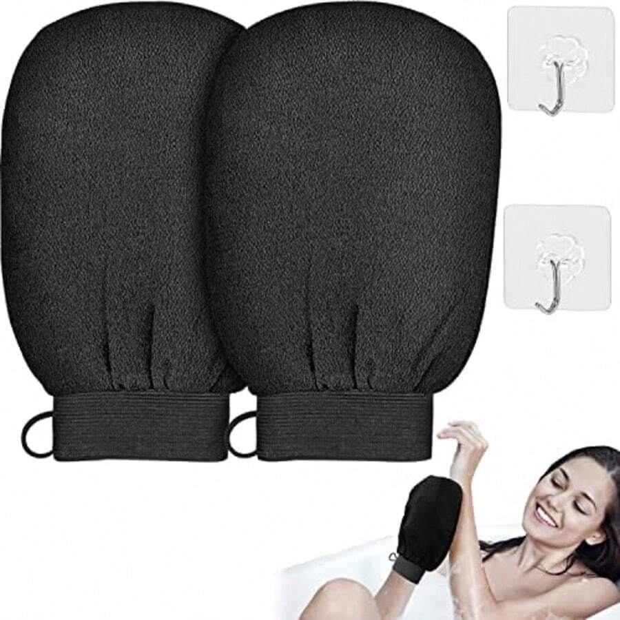 Luvas removedoras de pele morta com cordão para pendurar, luvas esfoliantes para corpo e rosto, luvas de banho massageadoras dupla face, pretas