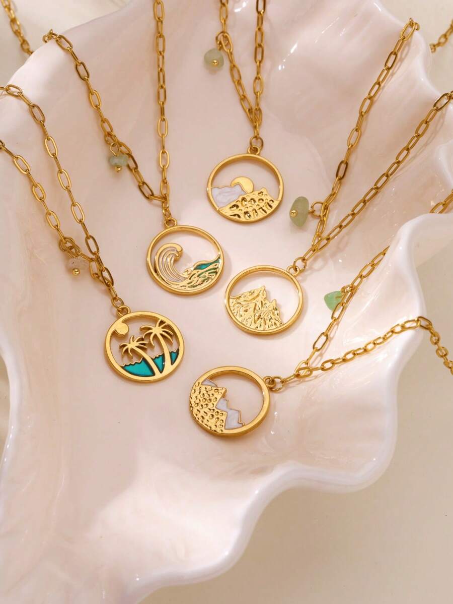 1 PC Hollow Mountain Sea Wave Pendant Necklaces For Women Gold Color Chain Collar Necklaces 2025 New Wedding Couple Jewelry Gifts(The Stone Pendant On The Chain Is Random In Size And Color)