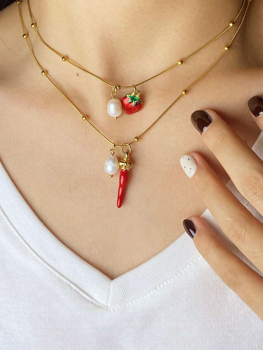 Magic Fish 1 Stück Edelstahl Kirsche Anhänger Halskette, bohemian Stil mit synthetischem kubischen Zirkonia Dekor, verstellbare Kette, geeignet für täglichen Gebrauch und als Geschenk, ideal für Muttertag und Geburtstag, bohemian stil verstellbare Halskette