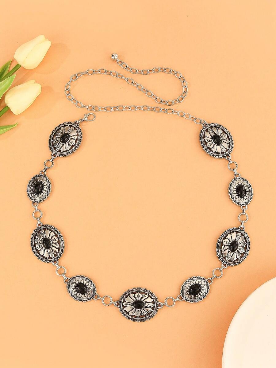 Vintage Chic Handmade Iron Adjustable Silver Color Waist Chain For Women, Tropical Floral Print Zinc Alloy Flower Women Waist Chain, Suitable For Wedding, Spring/ Summer/Autumn/Winter Summer