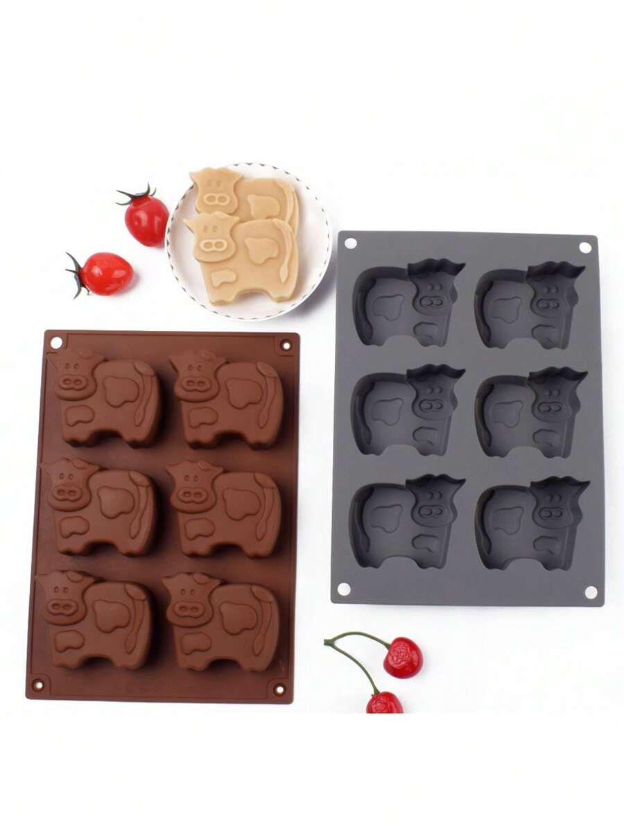 6 Stück/Set Braune Silikon Kuh-förmige Kuchenformen, hitzebeständige Backformen, Kuh-förmige Süßigkeiten- und Schokoladenformen für DIY Tortendekoration