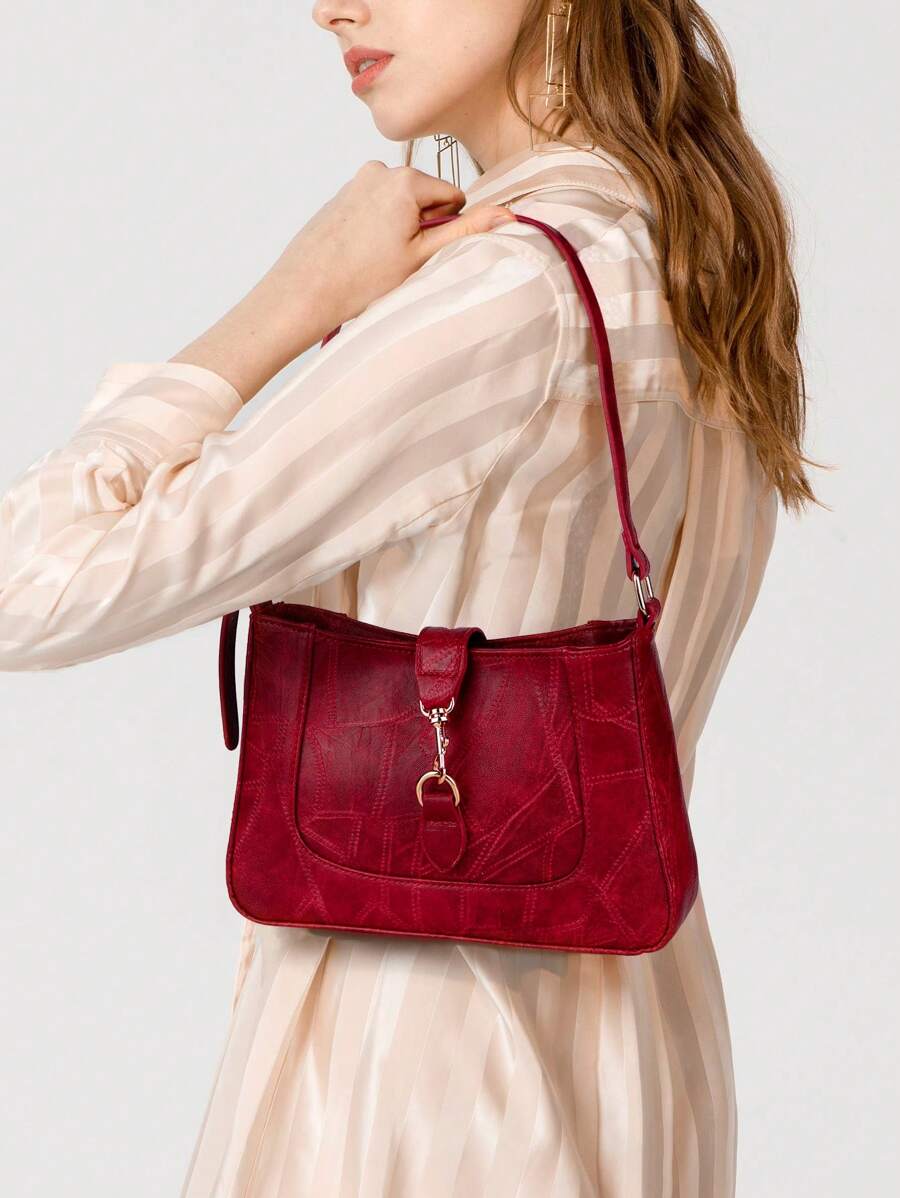 Bolsa de Ombro Minimalista Elegante de Couro PU Retrô de Cor Sólida para Mulheres, Nova Bolsa Feminina de Moda Debaixo do Braço com Decoração Metálica, Bolsa Transversal Acolchoada Borgonha Adequada para Transporte Diário, Encontros Casuais, Compras, Presente no Dia dos Namorados
