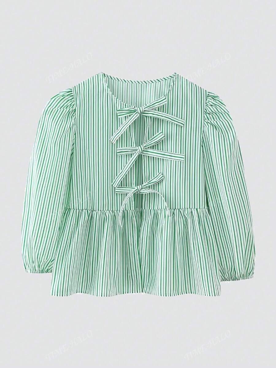Camisa de mujer de moda casual con cuello redondo, lazo, bajo con volantes y mangas abullonadas en colores lisos