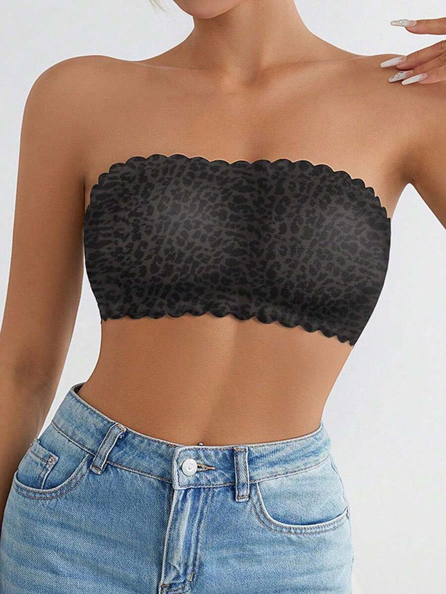 1pc Women's Seamless Bandeau Bra, Lightweight, Shaping, Anti-Sagging, Sexy Leopard Print Wavy Trim Bra