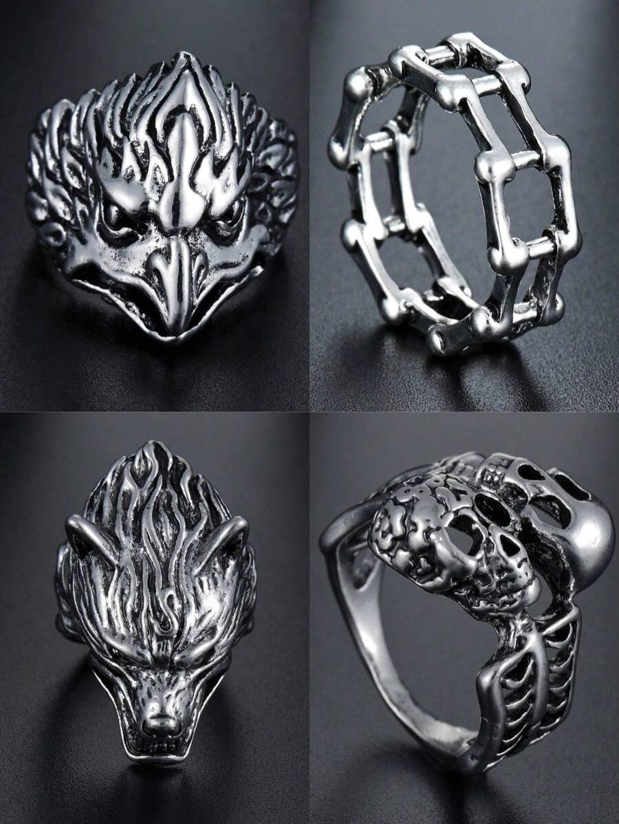 1pc Retro Punk Double Skull Head Rings For Women Men Silver Color Wolf Eagle Ring Female Male Wedding Party Finger Jewelry Gift