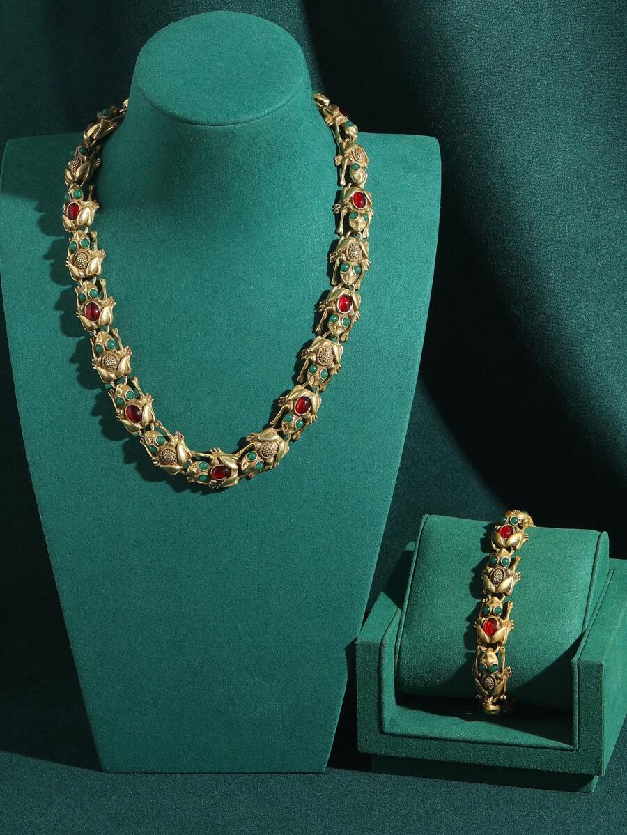 Conjunto de joias vintage banhado a bronze 18K, moeda antiga, sapo, riqueza, sorte, colar colorido, pulseira