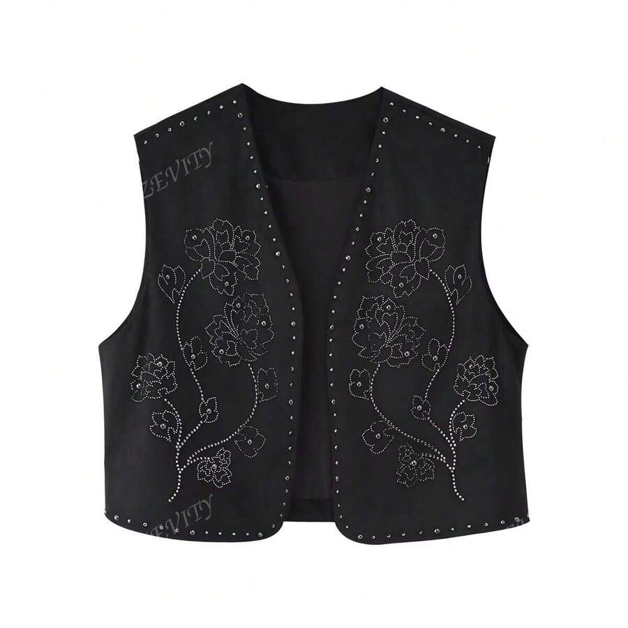 ZEVITY Sequin Decorated Floral Embroidery Cardigan Vest Top